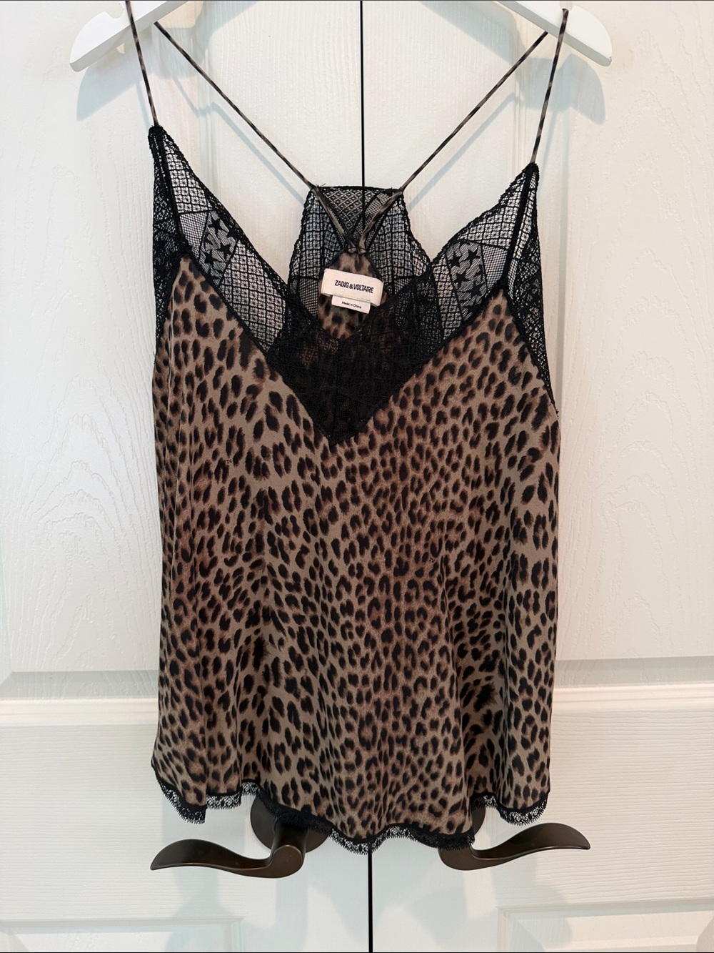 Zadig & Voltaire Christy Camisole Leopard Print Lace-Trim in Black and Tan